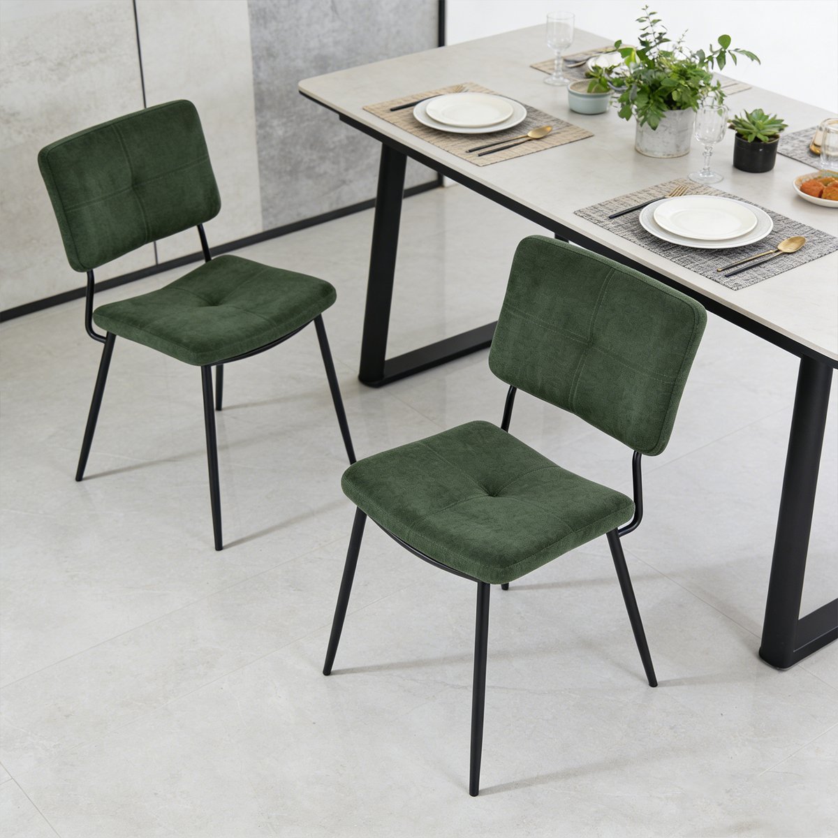 Lot de 2 chaises de salle à manger en tissu vert style industriel, KAROMI vert, MEUBLES COSY