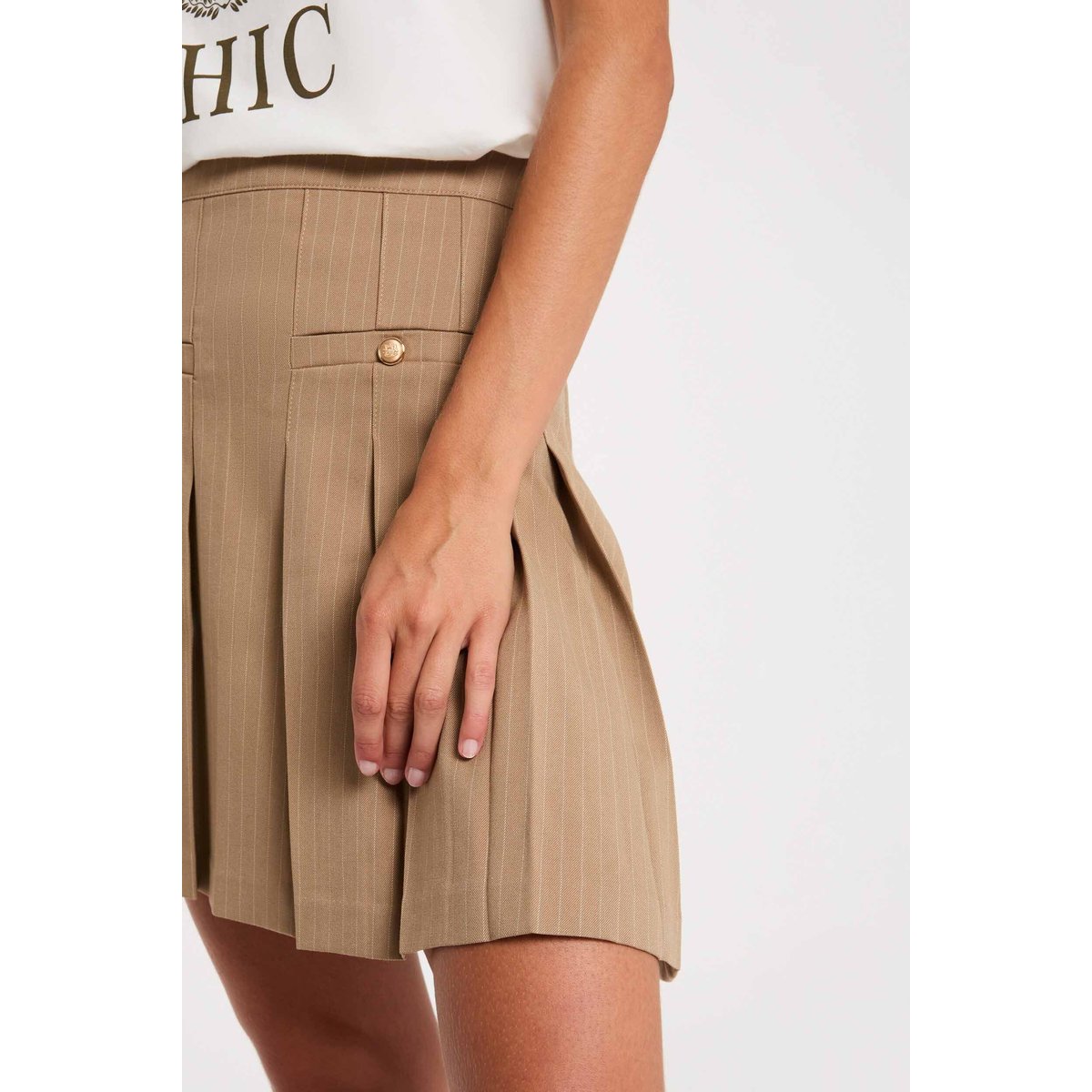 Jupe courte plissée taupe, MORGAN