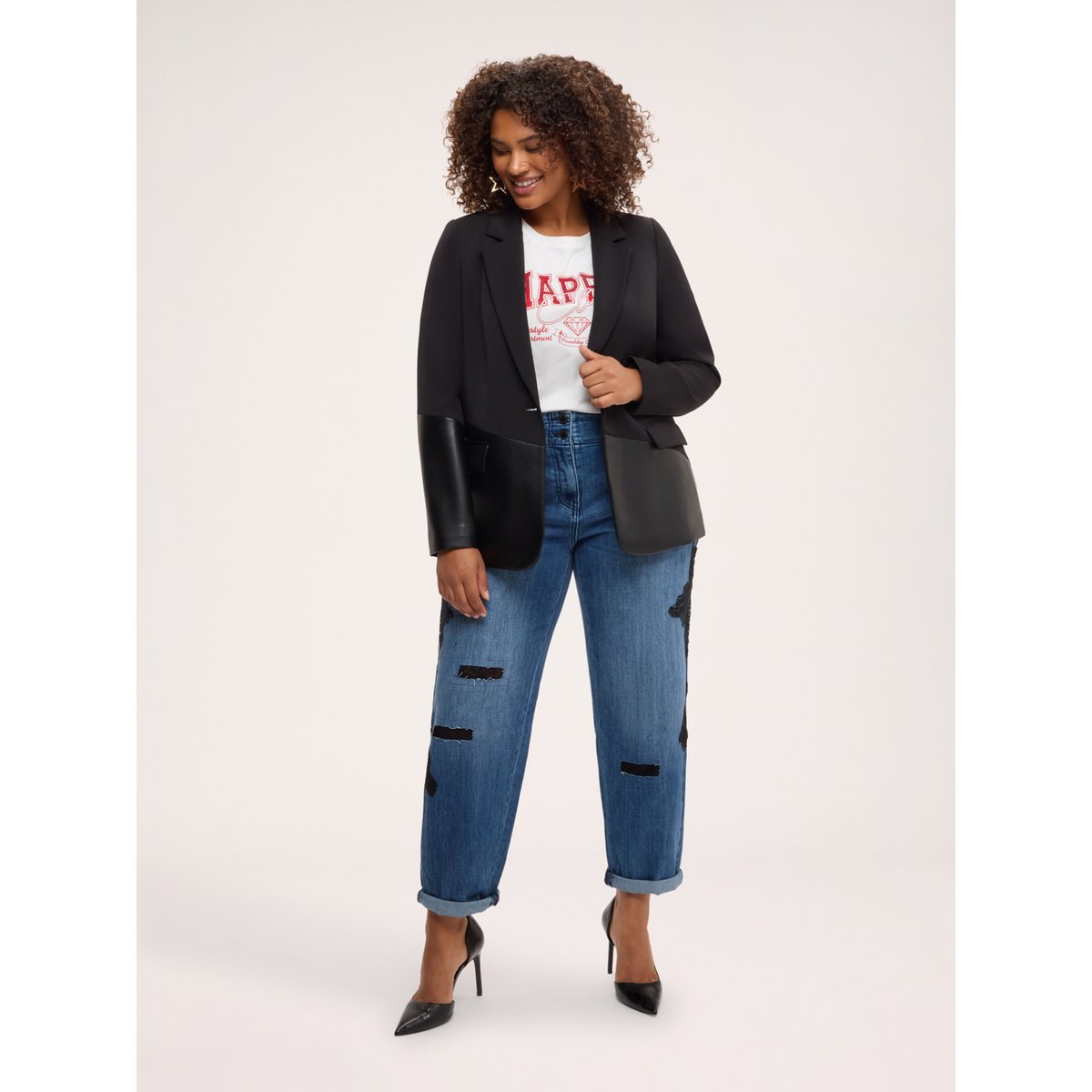 Blazer avec inserts enduits noir, FIORELLA RUBINO