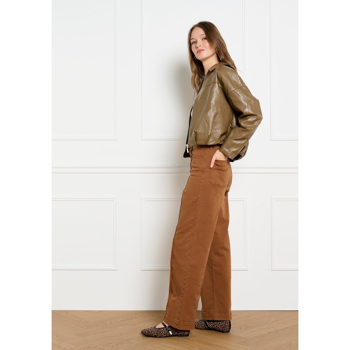 Pantalon large taille haute caramel, LOLALIZA