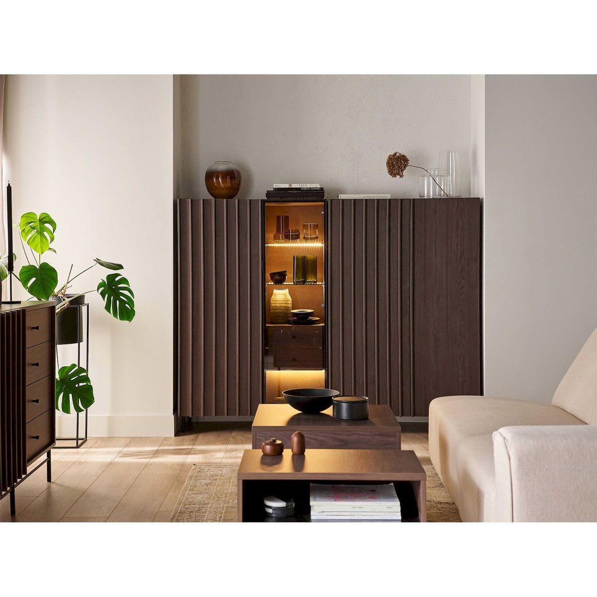 Vitrine 2 portes collection PIEMONTE avec LED frêne portland et noir, RECOLLECTION