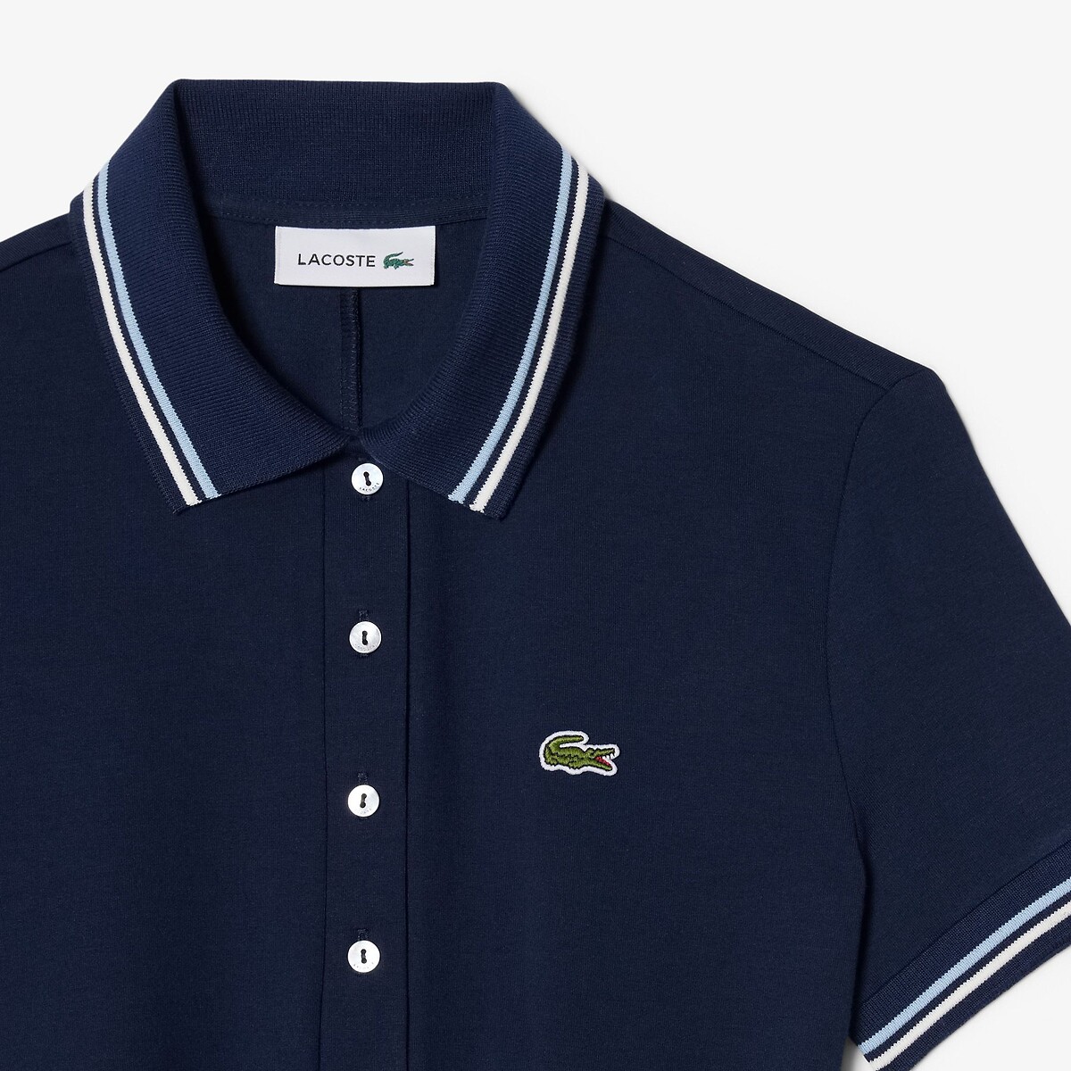 Vestido tipo polo evasé de manga corta azul marino, LACOSTE