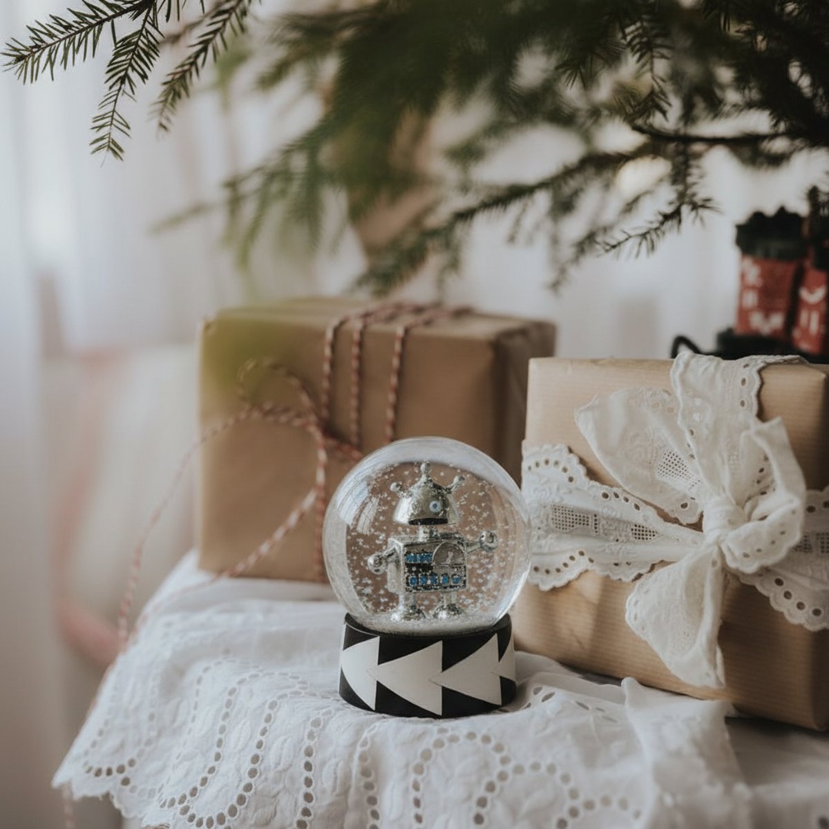 Boule à neige décorative de noël figurine robot en résine H14 POP argenté, SIA DECO