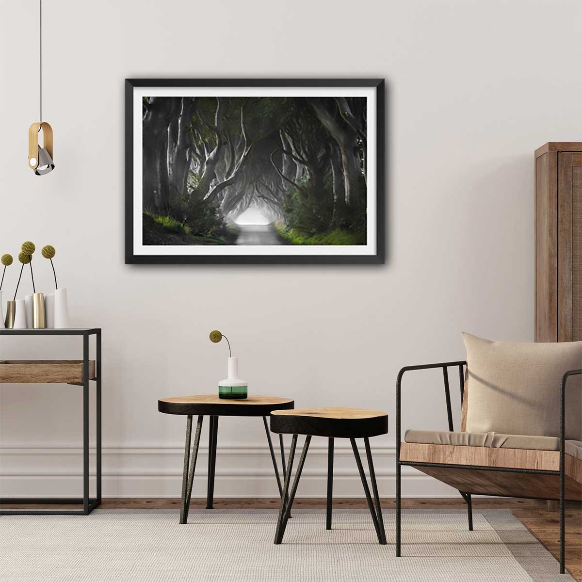 Affiche paysage route de l'irréel affiche + cadre en bois - noir, HEXOA