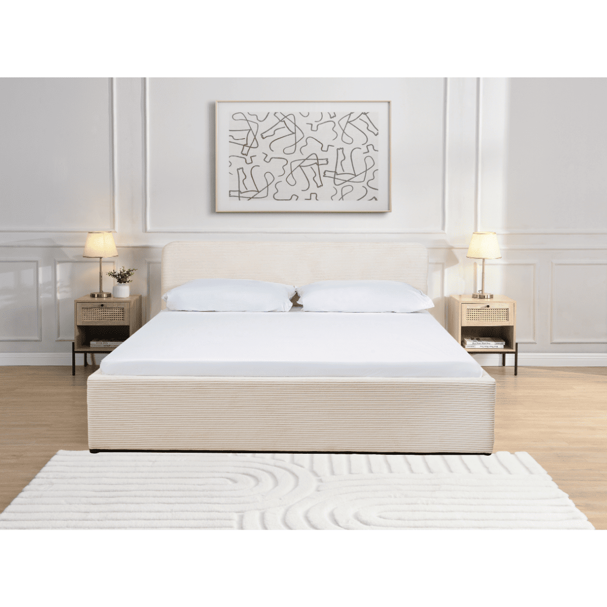 Lit coffre 160x200 cm en velours côtelé beige avec tête de lit et sommier - LIVY beige, CALICOSY