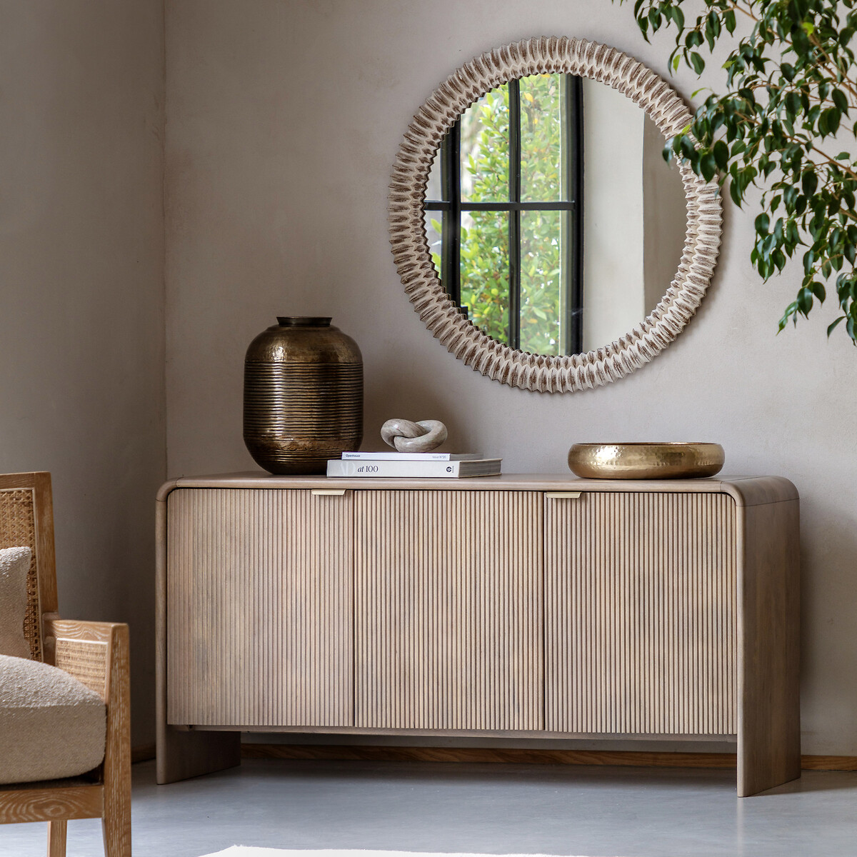 Corven Fluted Mango Wood 3 Door Sideboard wood, SO'HOME