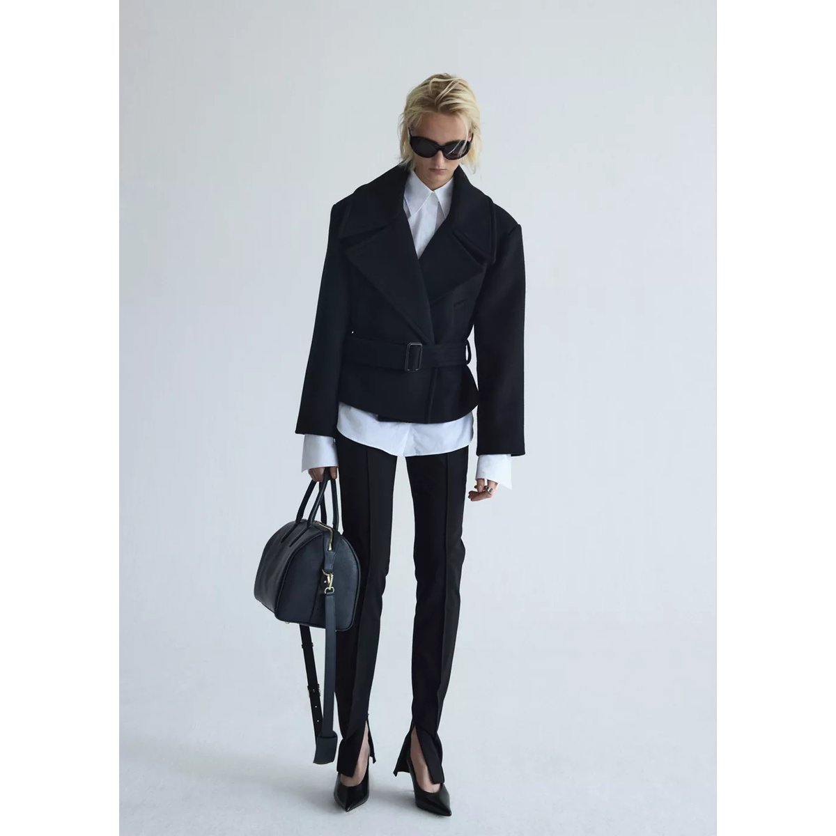 Manteau laine ceinture noir, MANGO