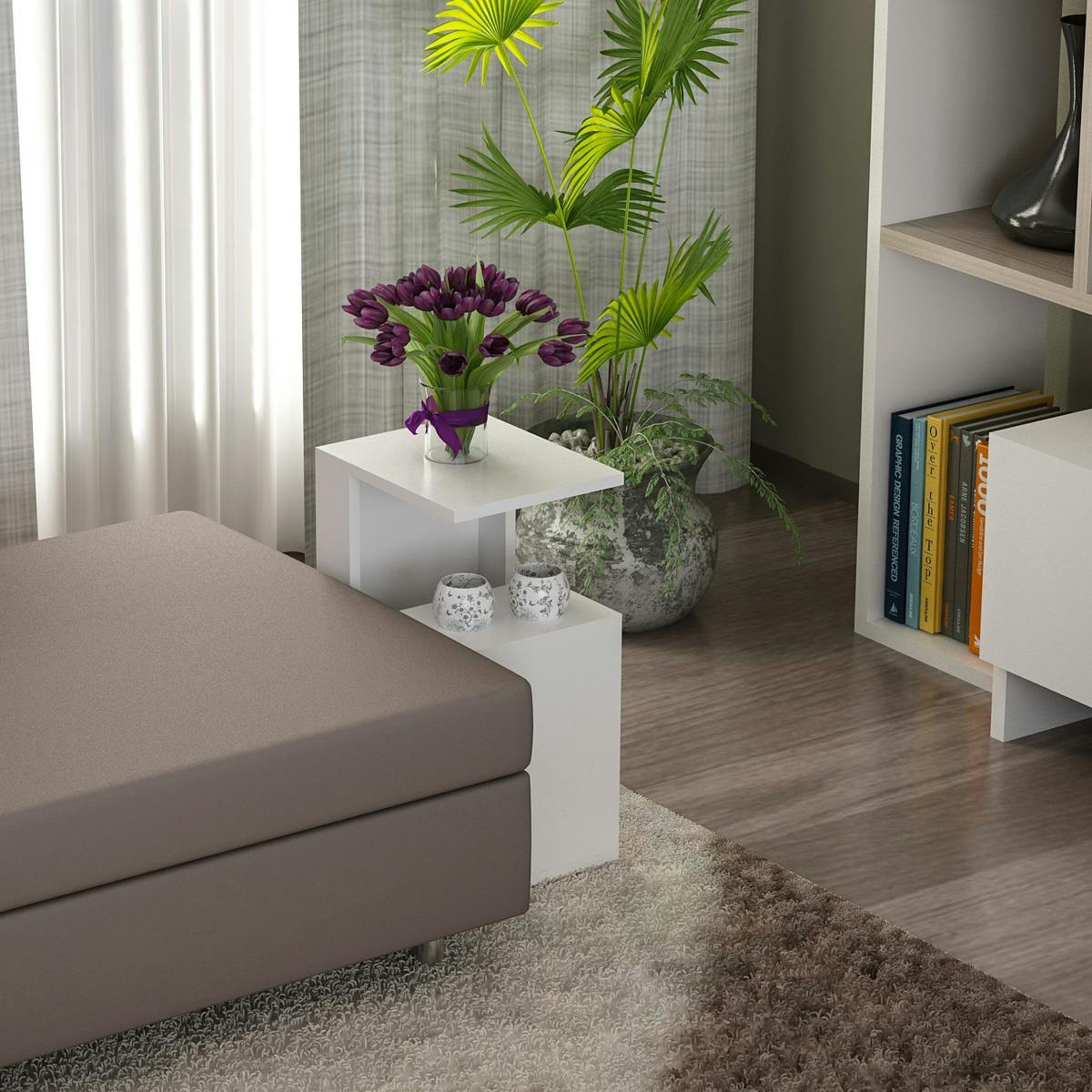 Bout de canapé blanc moderne 2 tablettes 1 niche MARFA blanc, PIER IMPORT