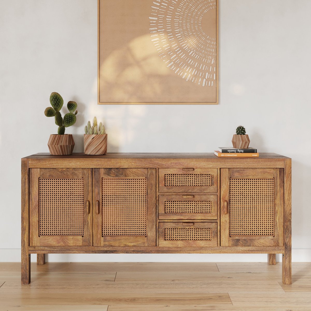 Buffet 3 portes et 3 tiroirs en bois de manguier et cannage - TIKI marron clair, MAISON PAVANE