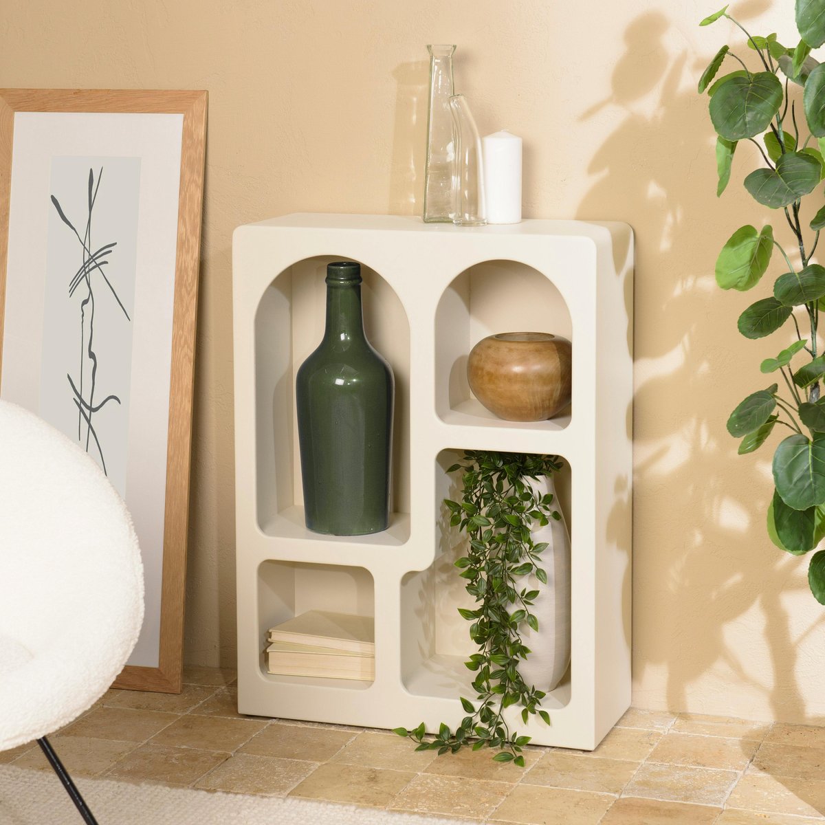 Etagère 4 niches 60x24cm en bois peint couleur beige NELIA beige, PIER IMPORT