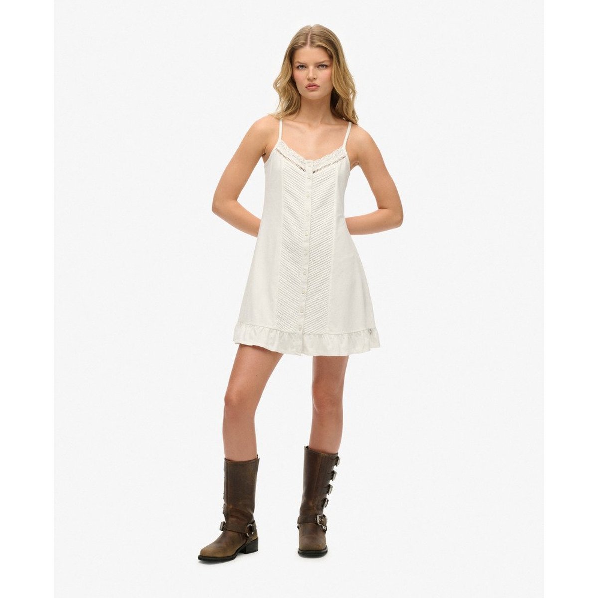 Robe caraco boutonnée à dentelle blanc cassé, SUPERDRY