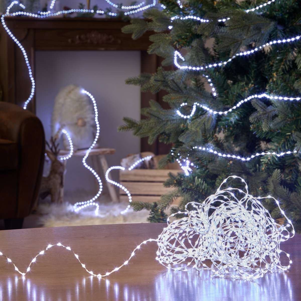Guirlande lumineuse cluster d'extérieur 7,5 m 500 LED blanc froid fil cuivre 13 fonctions sur secteur blanc froid, ATMOSPHERA