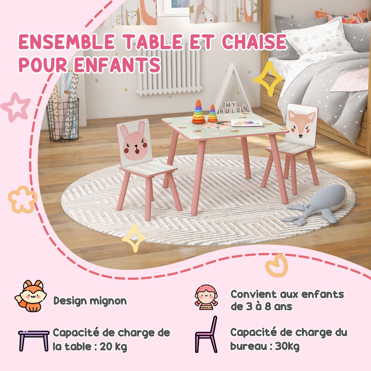 Ensemble table et chaises pour enfants MDF rose et motifs animaux, ZONEKIZ