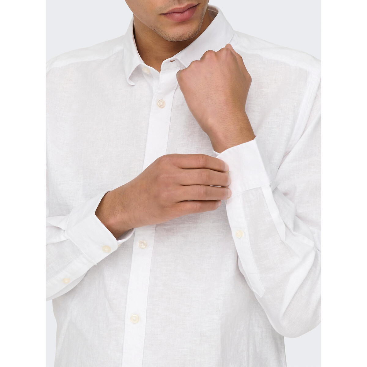 Cotton/Linen Shirt in Slim Fit white, ONLY & SONS