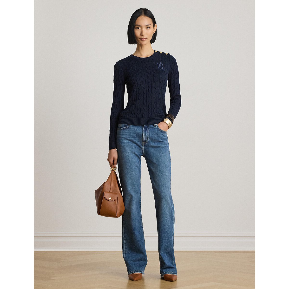 Pull col rond torsadé à manches longues et boutons marine, LAUREN RALPH LAUREN