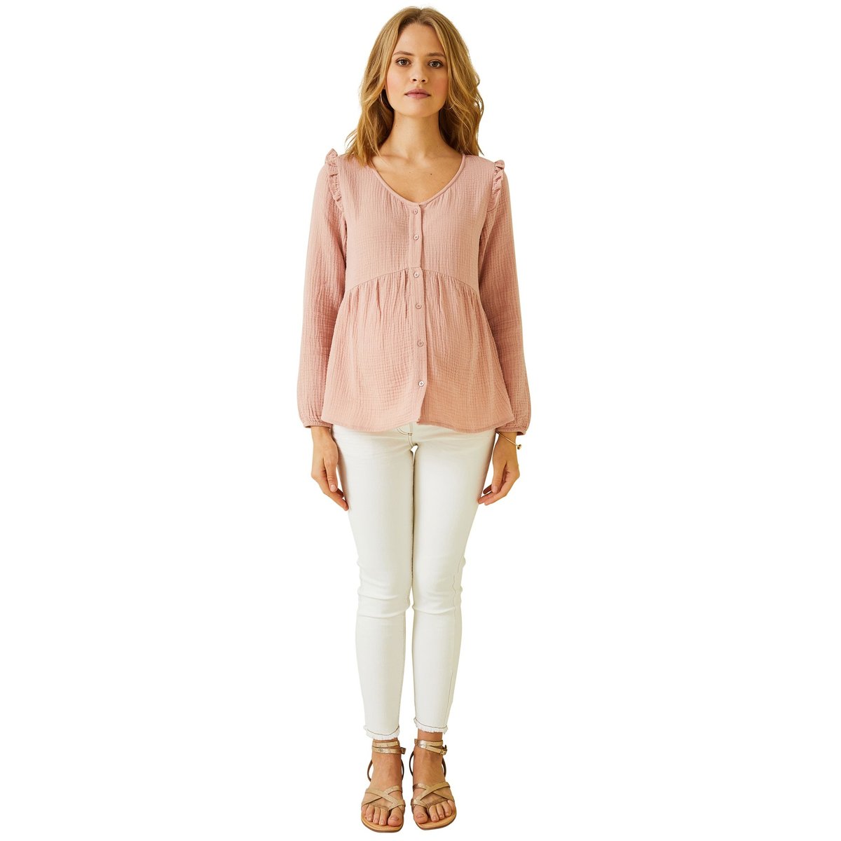 Blouse de grossesse et d'allaitement gaze de coton rose pale, VERTBAUDET