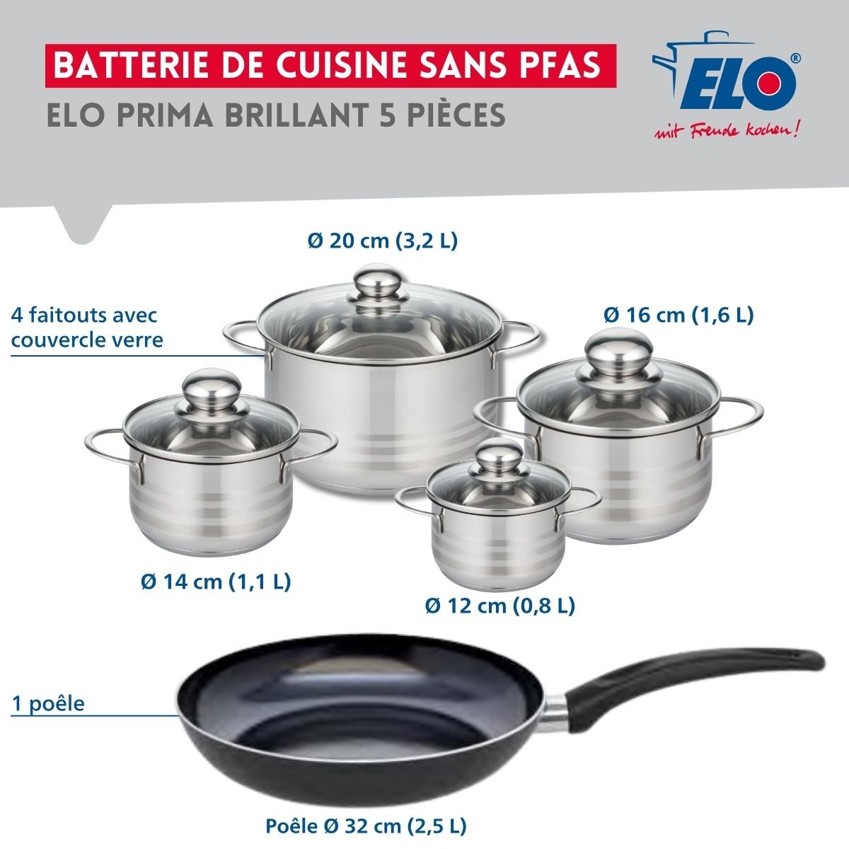 Batterie 1 poêle 32cm + 4 faitouts 12/14/16/20cm PRIMA BRILLANT noir, ELO