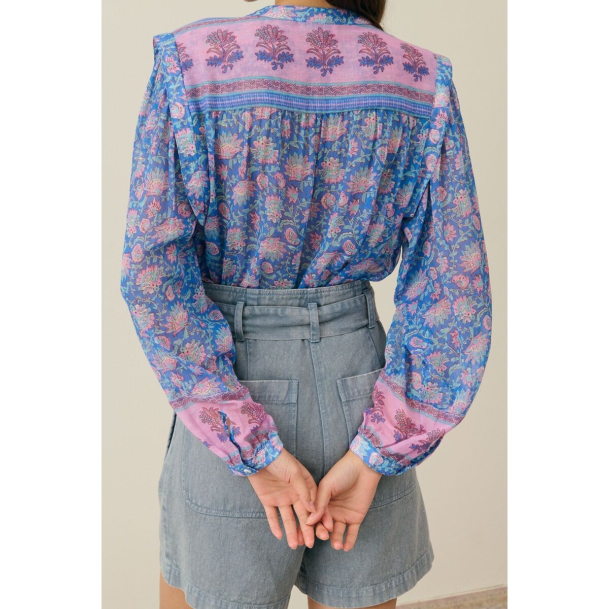 Jane Printed Blouse with Crew Neck and Long Sleeves blue print, LOUISE MISHA