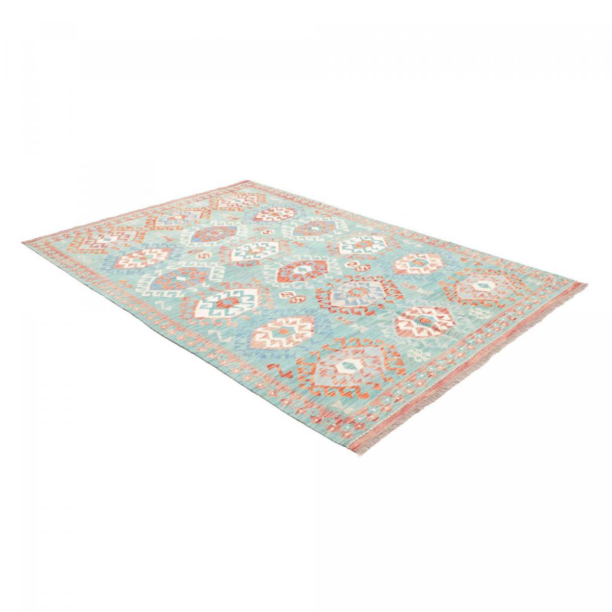 Tapis kilim géométrique, tissé à plat, en laine naturelle bleu, blanc, orange, UN AMOUR DE TAPIS