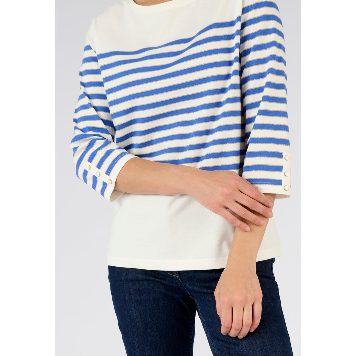 Marinière brillante manches 3/4 blanc bleu rayé, DAMART