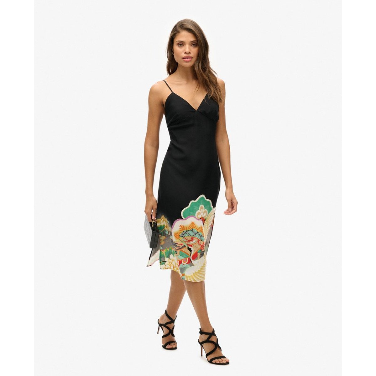 Robe caraco mi-longue imprimée à enfiler noir funetotsuru, SUPERDRY