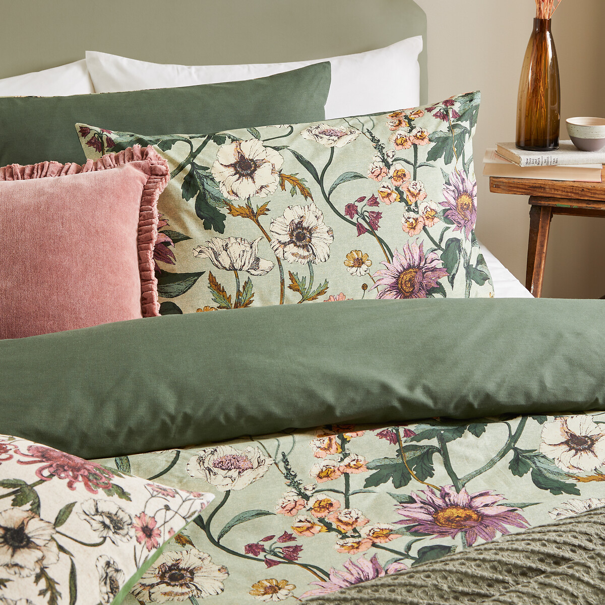 Wallflower Cotton Rich Reversible Duvet Cover and Pillowcase Set sage, WYLDER NATURE