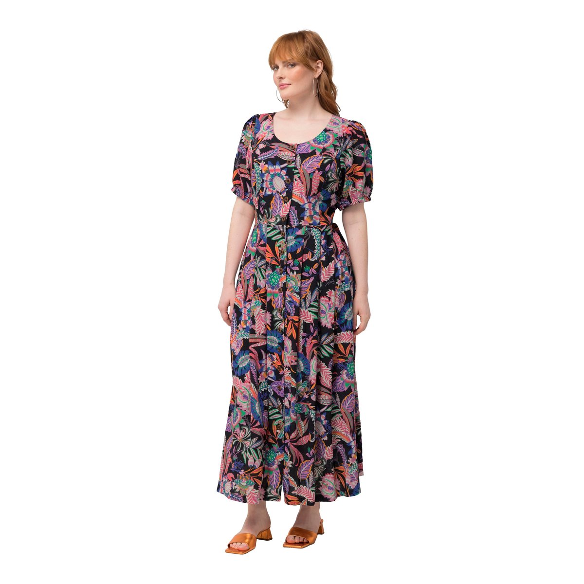 Robe, feuilles, mélange de lin, col rond noir, ULLA POPKEN