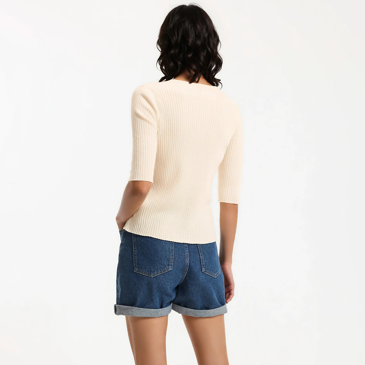Trui met ronde hals, in fijn ribtricot, wol-katoenmix ivoor, LA REDOUTE COLLECTIONS