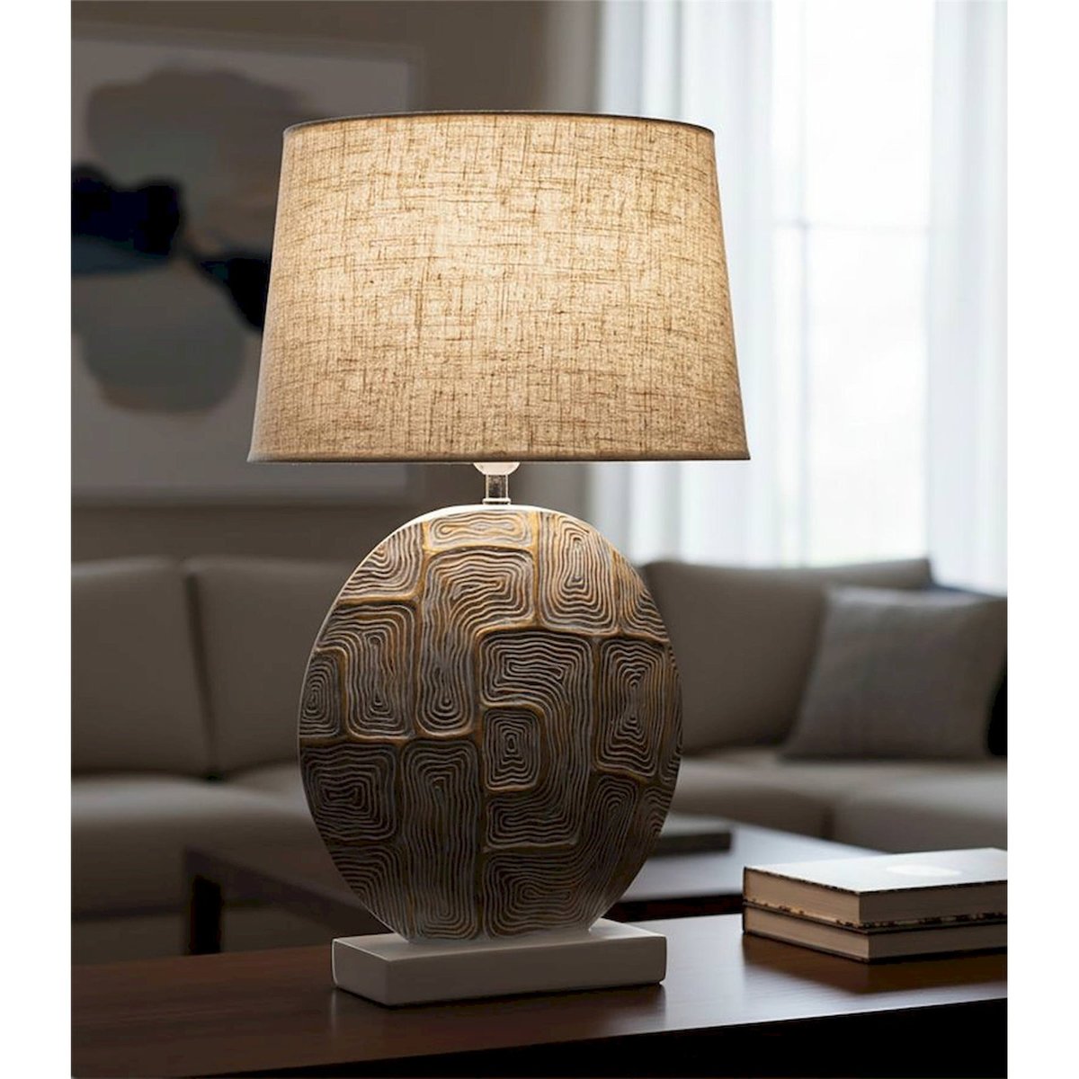 Lampe à poser abat-jour tissu reliefs géométriques or et blanc avec abat jour beige, RECOLLECTION