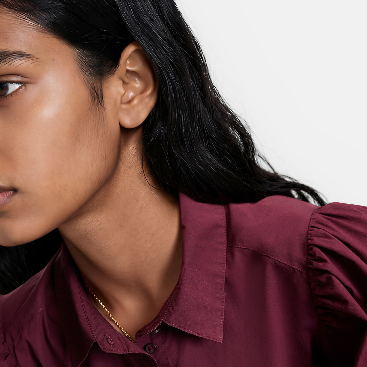 Cotton Loose Fit Puff Sleeve Shirt burgundy red, LA REDOUTE COLLECTIONS