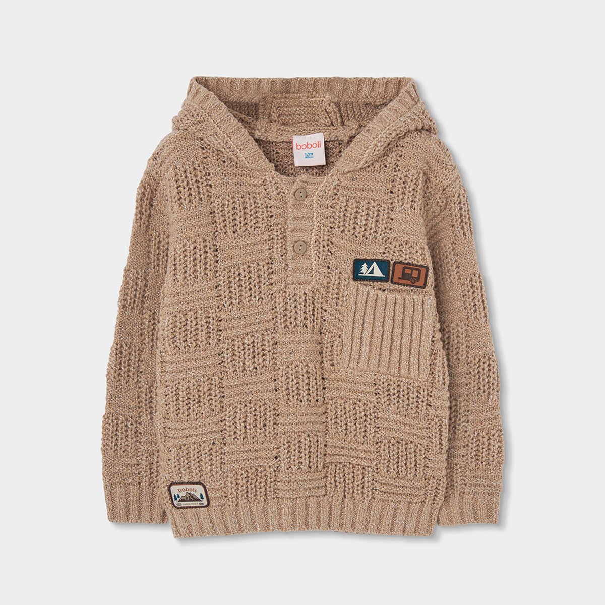 Pull garçon à capuche et patches marron, BOBOLI