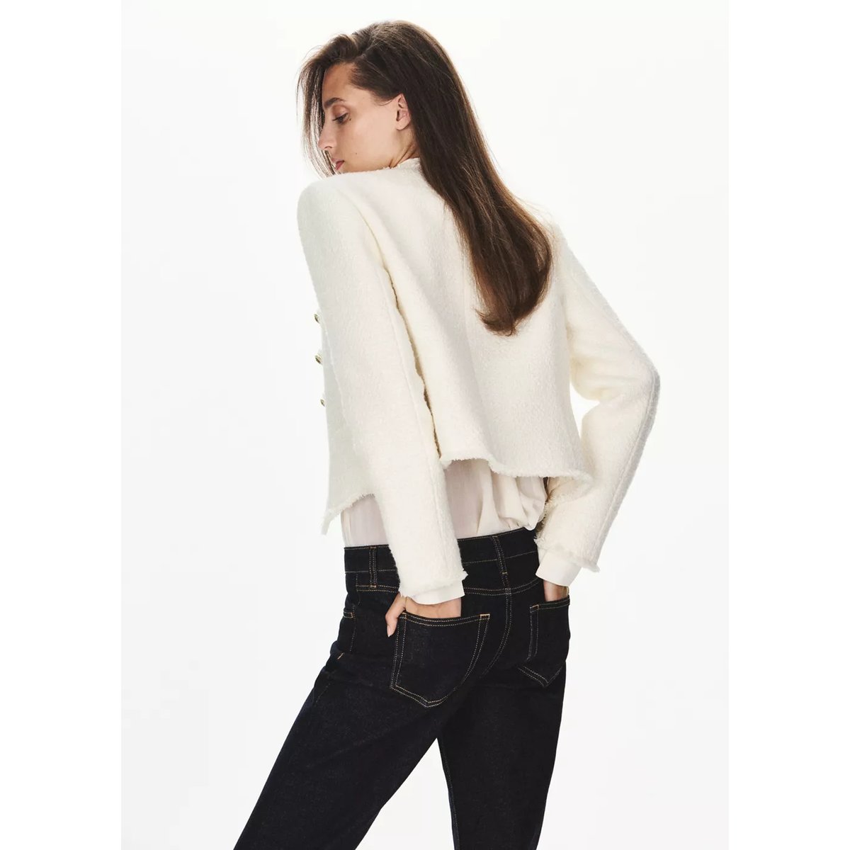 Veste en tweed avec brandebourgs décoratifs blanc cassé, MANGO