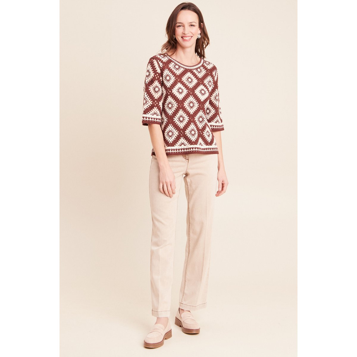Pull en crochet col rond manches courtes marron, BREAL