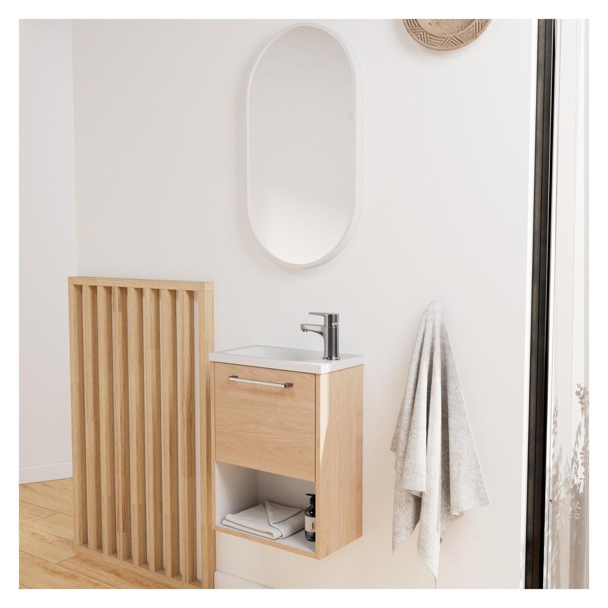 Ensemble lave-mains avec niche, robinet et miroir ovale NIKA chêne et blanc, MOB IN
