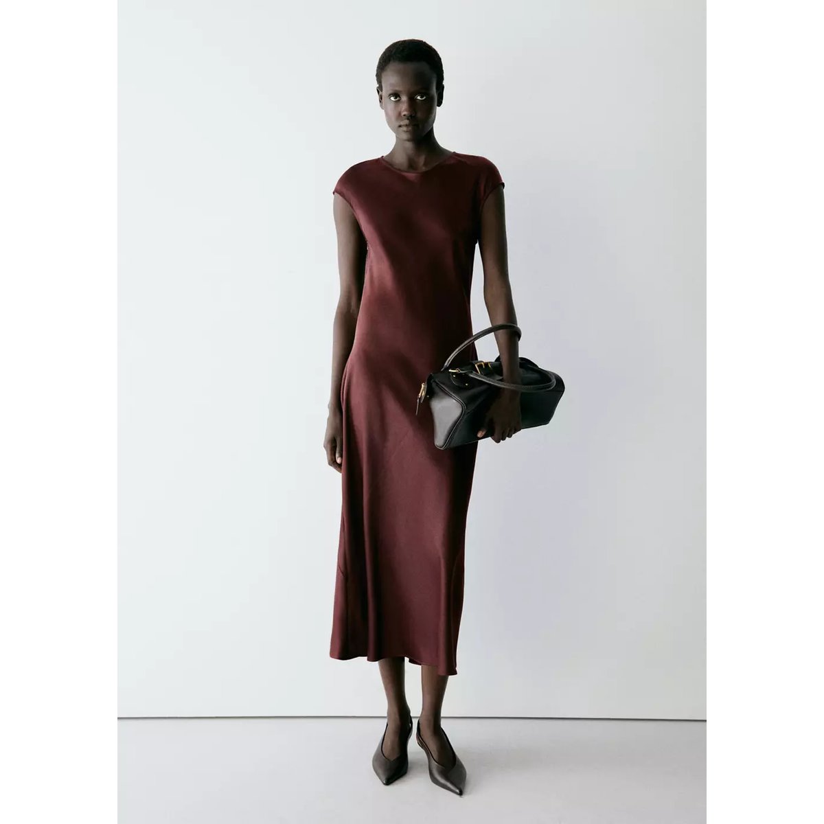 Robe midi col rond marron, MANGO