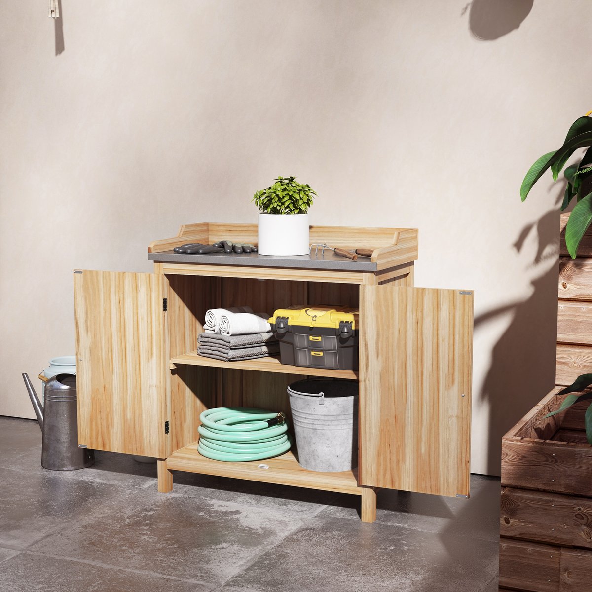 Table de rempotage armoire de jardin 2 en 1 beige, OUTSUNNY