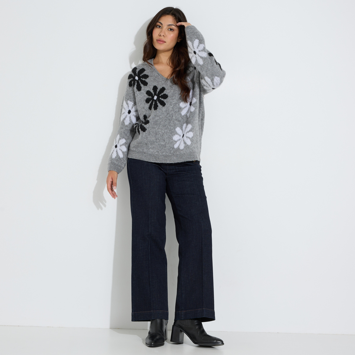 Pull col V jacquard fleuri gris, GRAIN DE MALICE