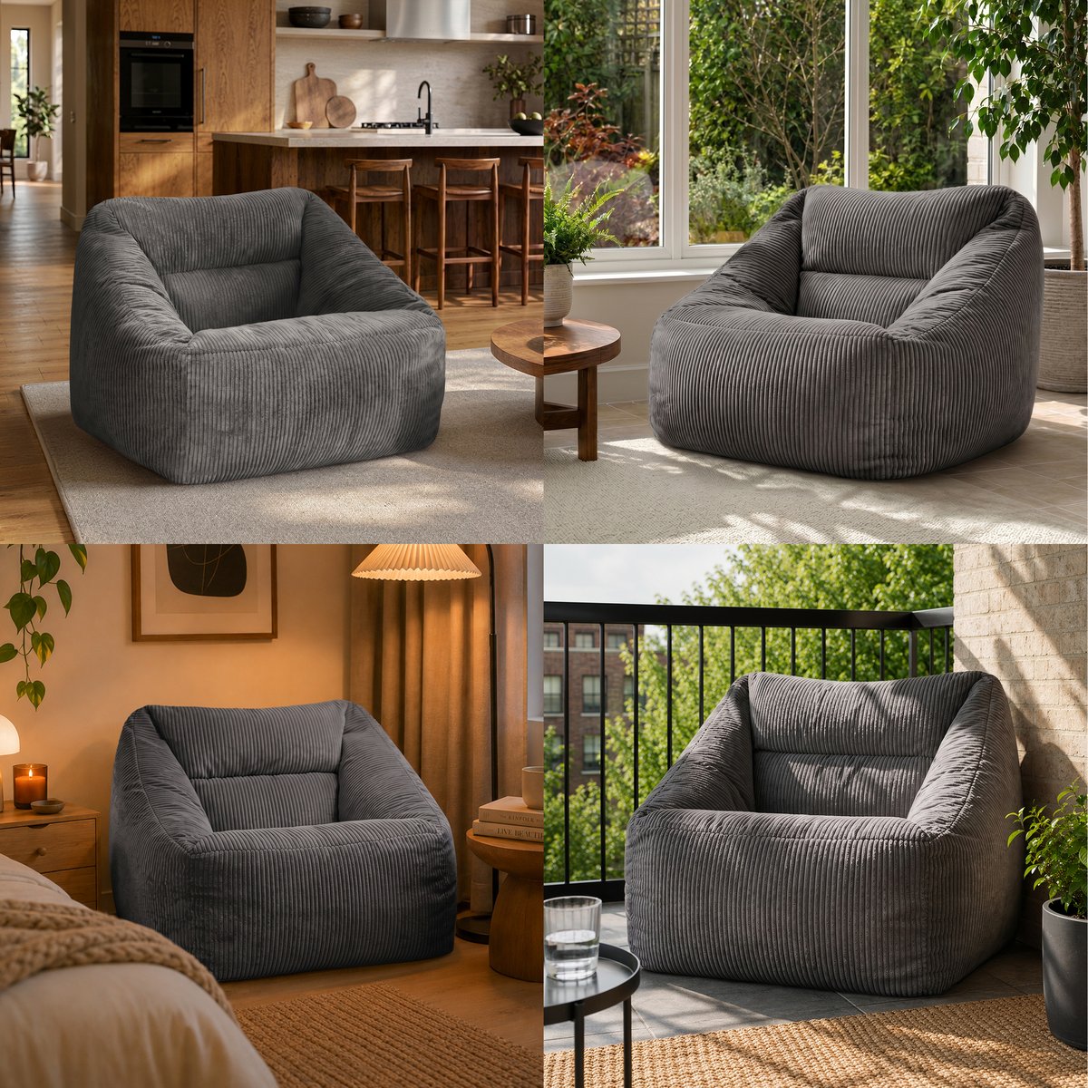 Pouf fauteuil salon velours côtelé Oeko-Tex® - NATALIA gris anthracite, ICON