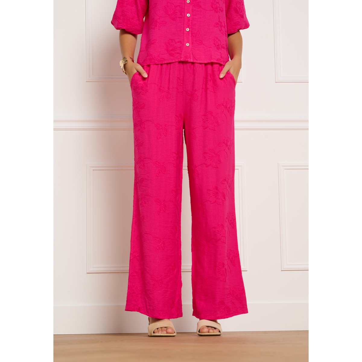 Pantalon brodé fluide fuchsia, LOLALIZA
