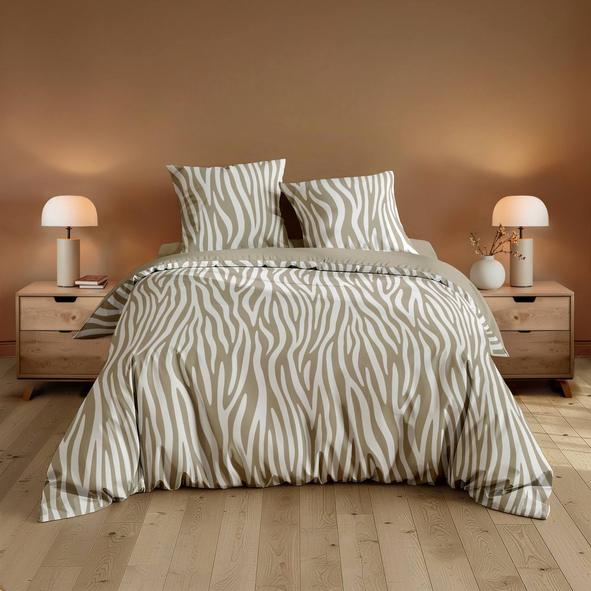 Parure de lit 3 pièces 100 % coton imprimé zèbre housse + taies naturel, DOUCEUR D'INTÉRIEUR