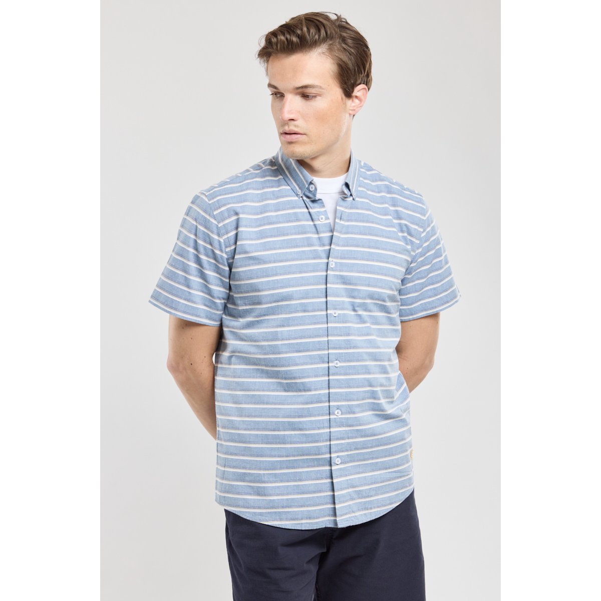 Chemise rayée manches courtes en coton marine rayé fantaisie, ARMOR-LUX