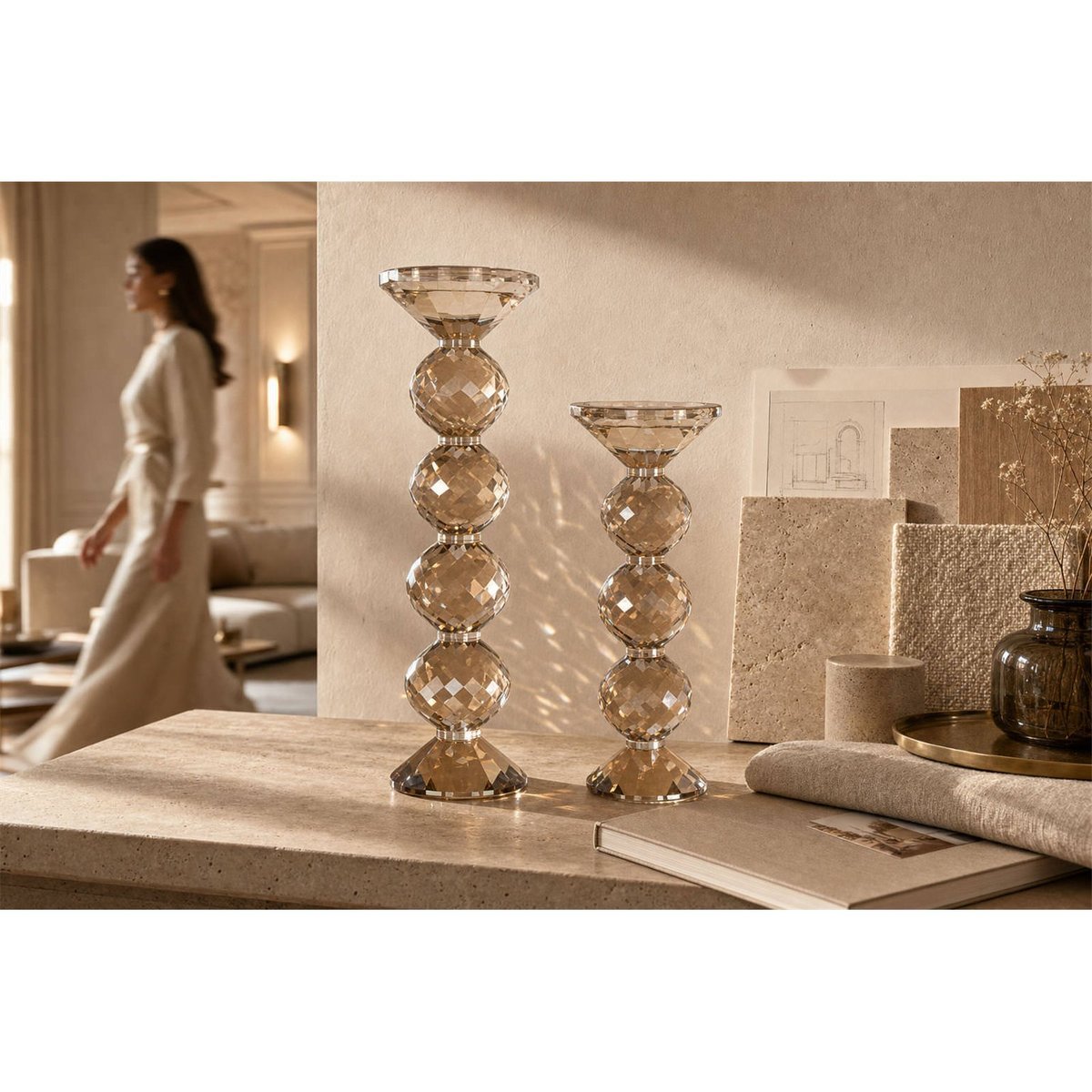 Bougeoir en cristal facetté champagne, RECOLLECTION