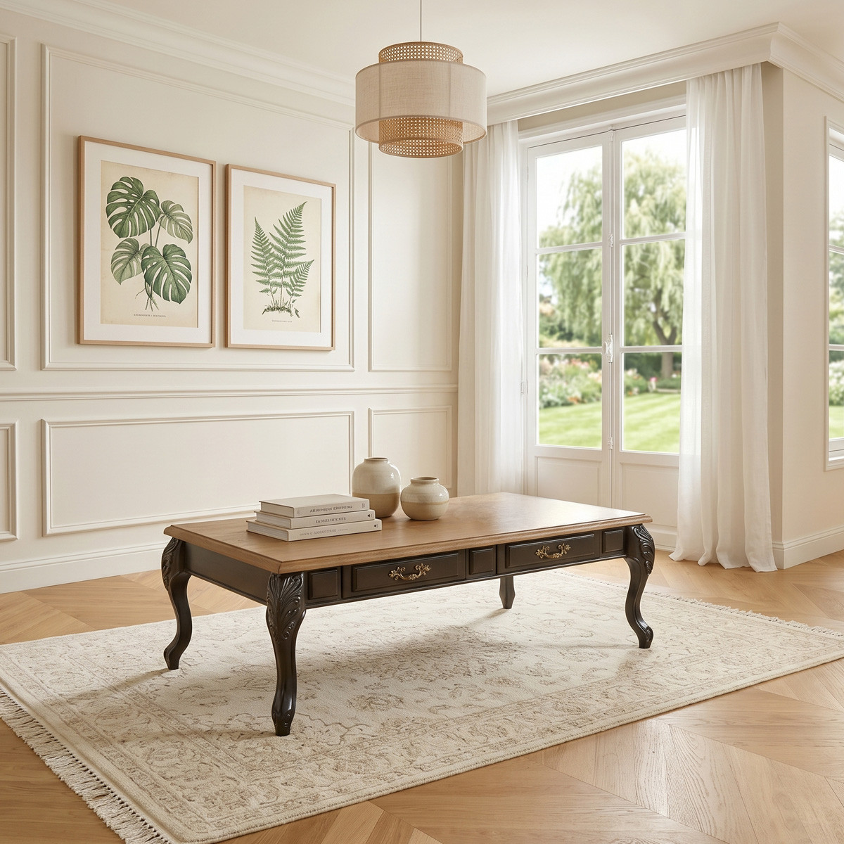 Table basse rectangulaire style shabby chic, plateau en chêne MARIANNE noir, ROBIN DES BOIS