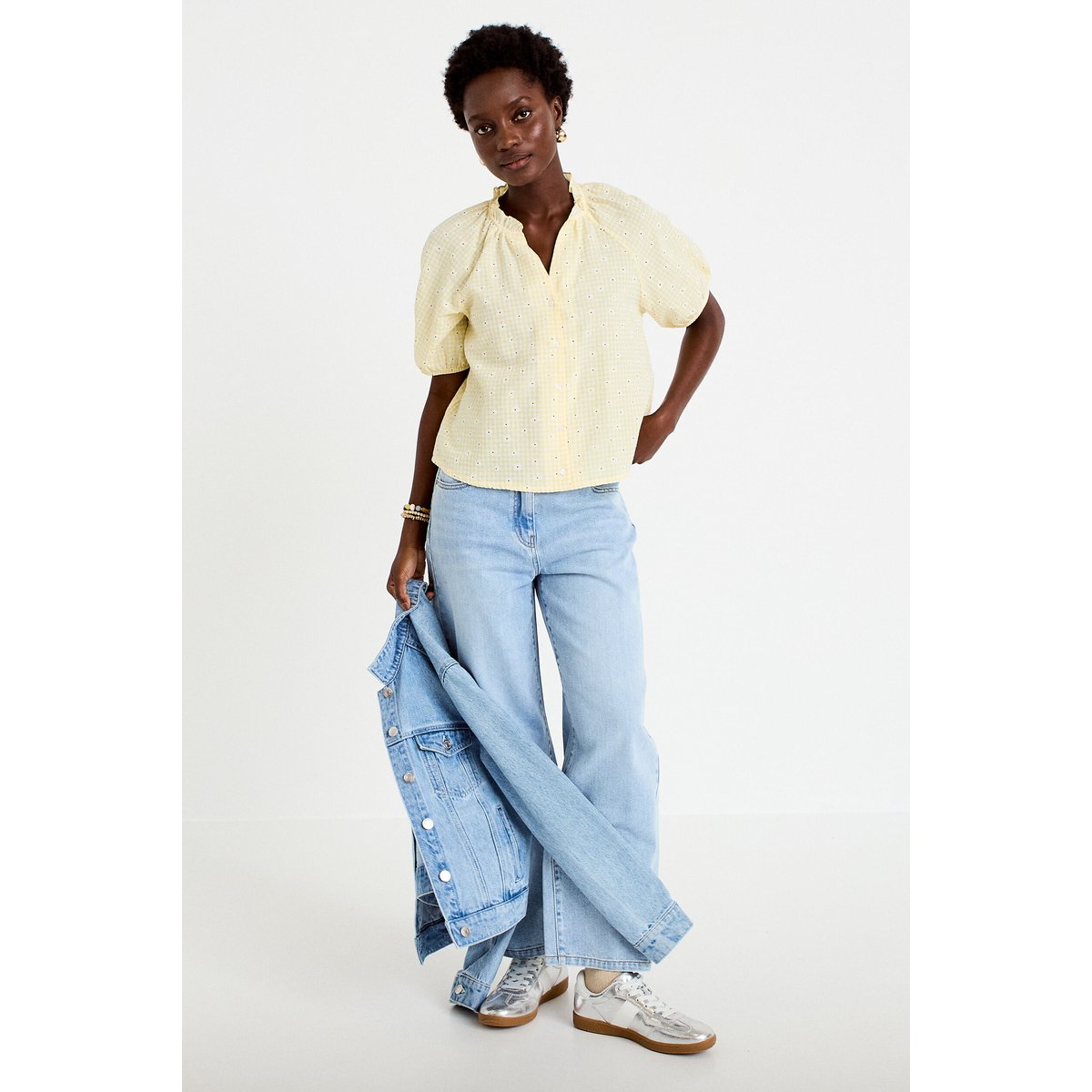 Blouse droite col v manches courtes jaune clair, CACHE CACHE