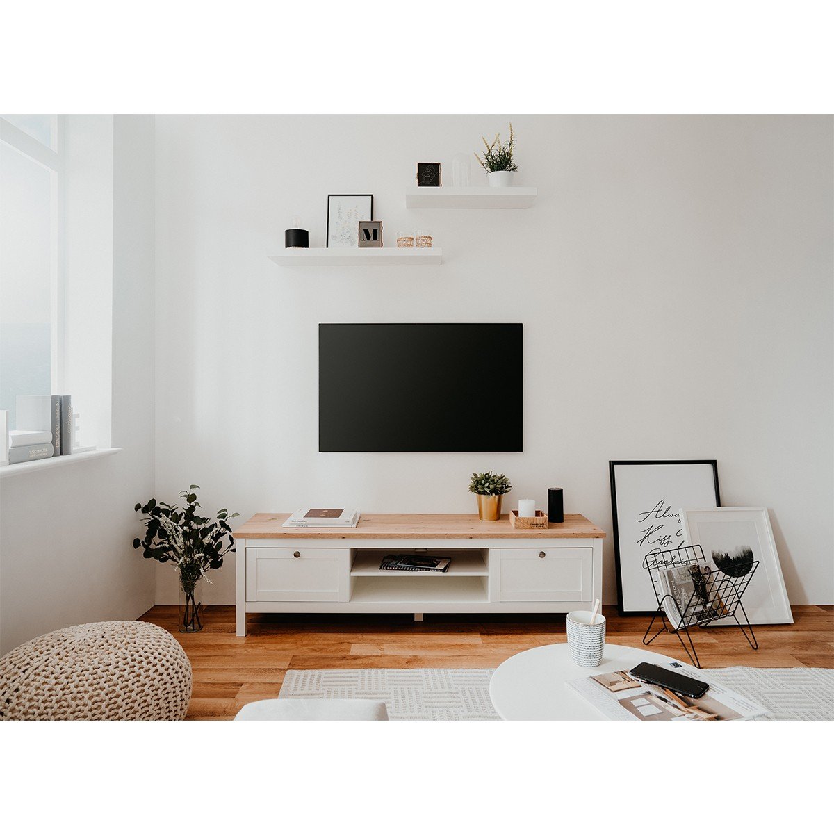 Meuble TV 2 tiroirs L160 cm - Décor Blanc - BERGEN blanc, CALICOSY