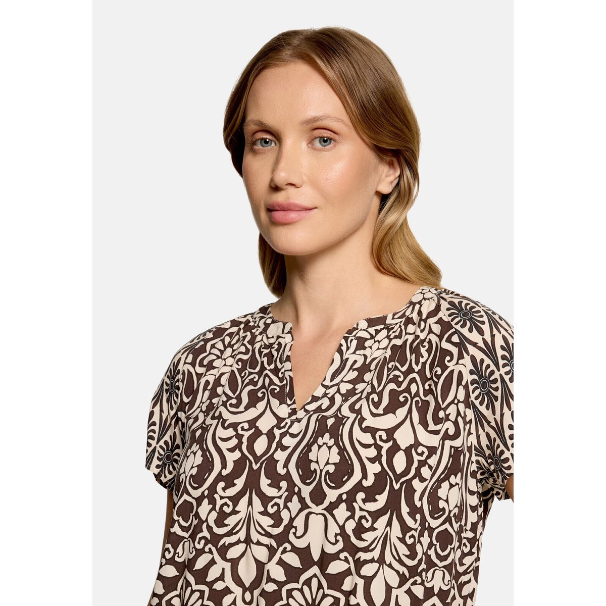 T-shirt façon blouse à ruches patch brown/cream, CARTOON