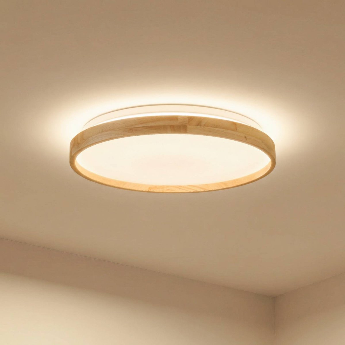 Plafonnier connecté  moderneLED, Mirren blanc, bois clair, LINDBY