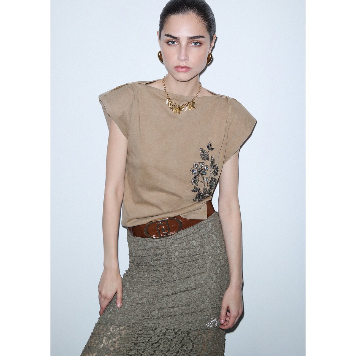 Top en jersey brodé beige, LIU JO