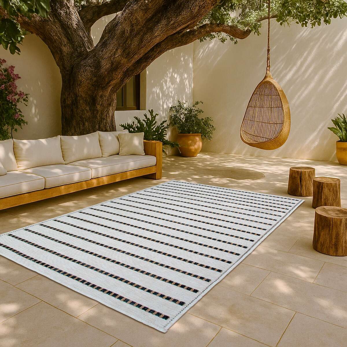 Tapis salon aspect jute rayures JUTA LOOK blanc, noir, THE DECO FACTORY