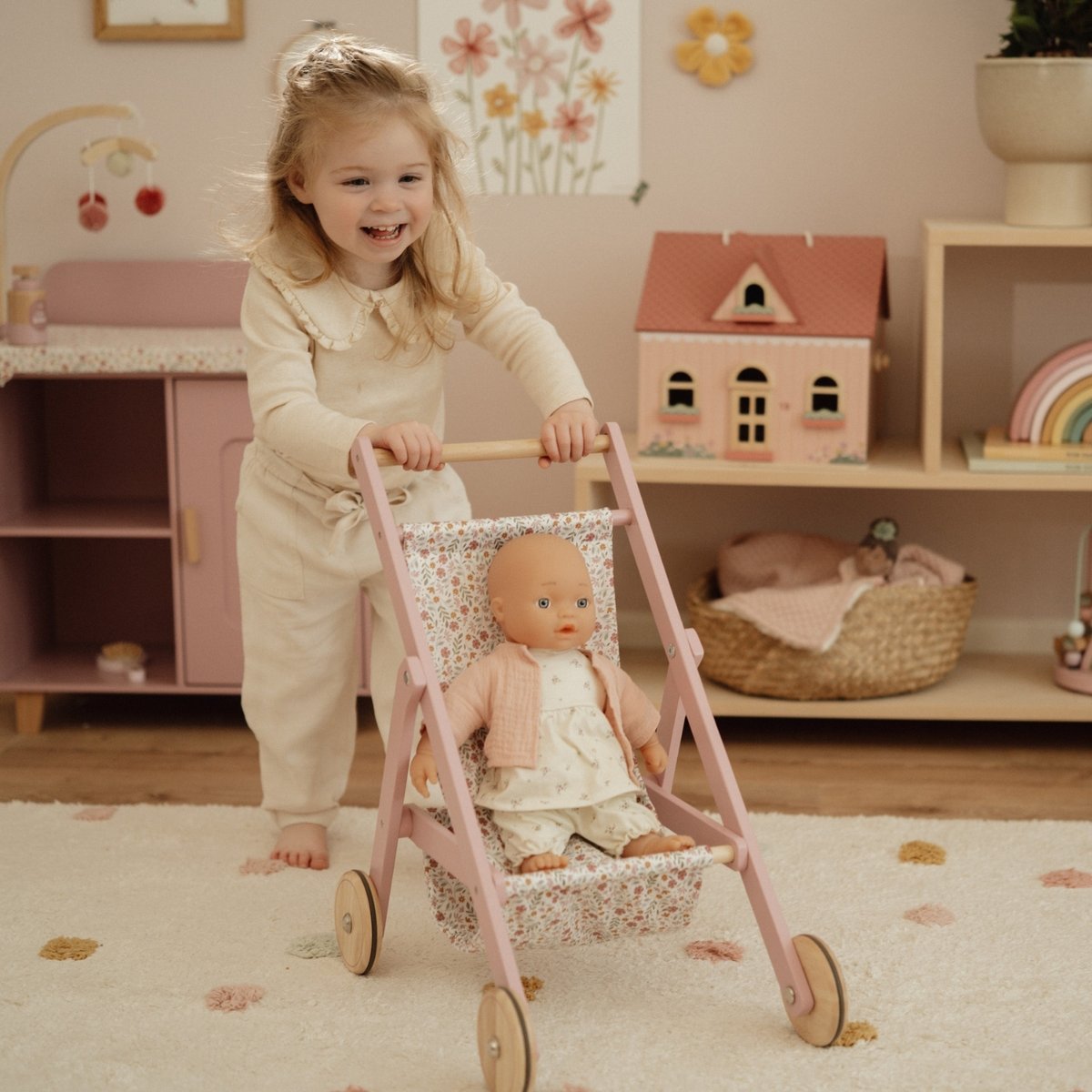 Poussette pour poupée rose, LITTLE DUTCH